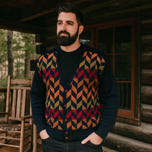 Limnos Pure New Wool Multicolor Geometric Grandpa Cardigan Cozy Cabin Men's L - Picture 1 of 7